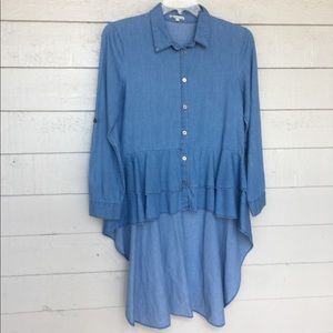 Blue Button-down with Ruffle Hi-Low hem